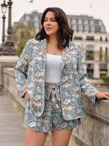 SHEIN Frenchy Plus Size Floral Print Lapel Collar Blazer And Shorts Set - Multicolor - View 1