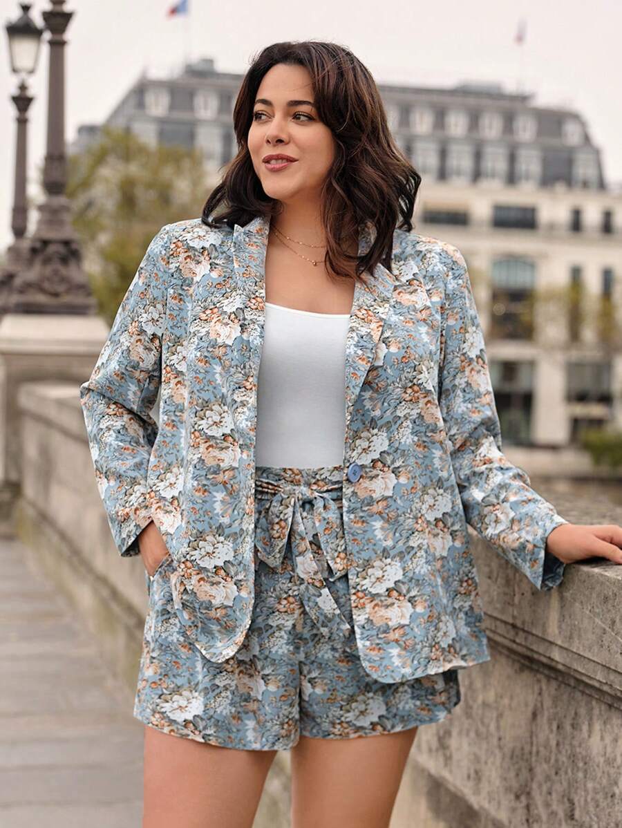 SHEIN Frenchy Plus Size Floral Print Lapel Collar Blazer And Shorts Set - Multicolor - View 1