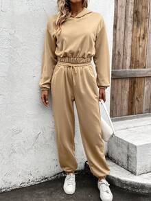 SHEIN LUNE Của phụ nữ Áo nỉ có mũ Và Quần thể thao Bộ - Màu Khaki - Xem 3