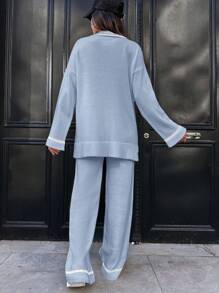 SHEIN Striped Trim Drop Shoulder Sweater & Knit Pants - Multicolor - View 3