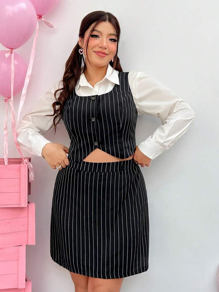Women'S Plus Size Striped Sleeveless Vest And Skirt Suit