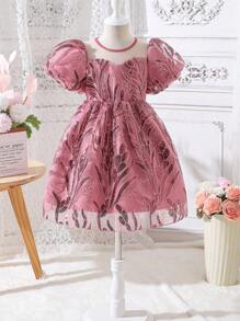 小的女孩泡泡袖亮片網紗洋裝 - 彩色 - 查看 1