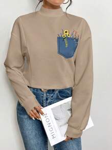 SHEIN Essnce 女式花朵圖案卡其色圓領套頭衫 - 卡其色 - 查看 1