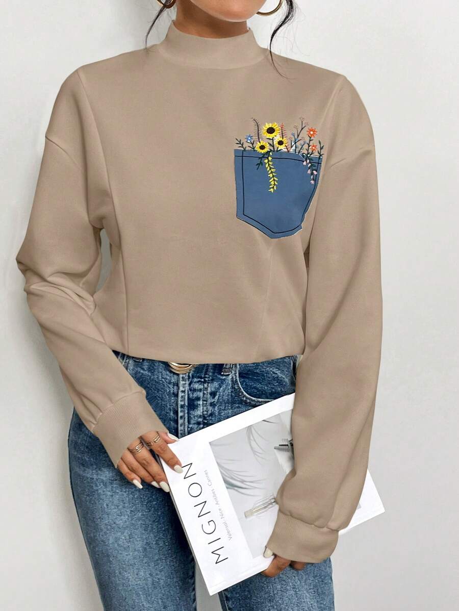 SHEIN Essnce 女式花朵圖案卡其色圓領套頭衫 - 卡其色 - 查看 1