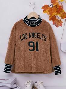 Girls Letter Embroidery Striped Trim Drop Shoulder Teddy Pullover - Brown - View 1
