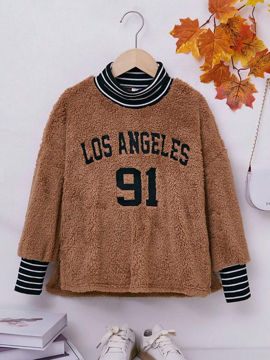 Girls Letter Embroidery Striped Trim Drop Shoulder Teddy Pullover - Brown - View 1