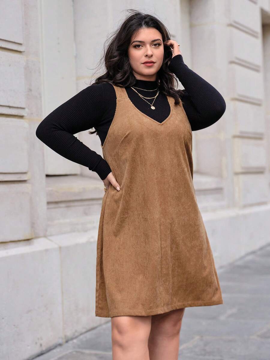 SHEIN Essnce Plus Solid Overall Dress Without Tee - Khaki - View 1