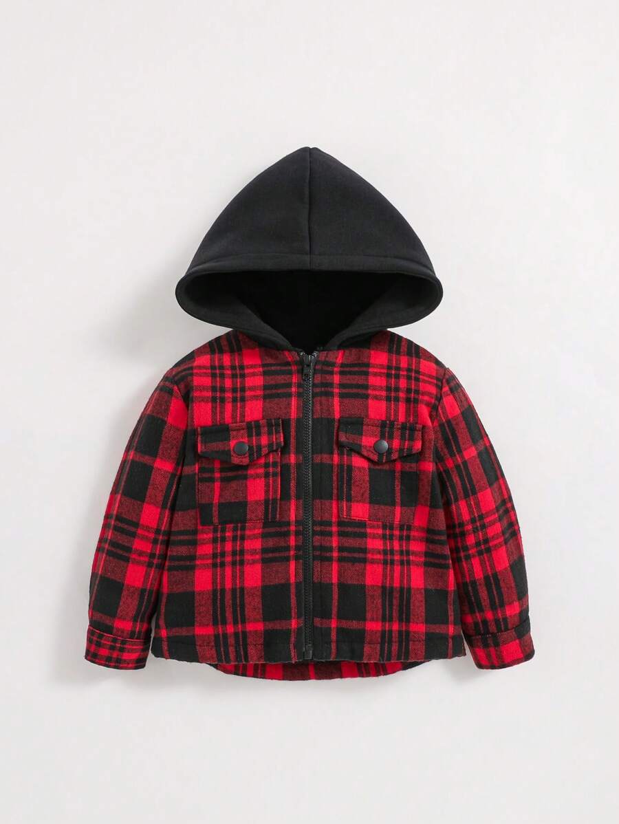 SHEIN Baby Boys' Colorblock Plaid Casual Hooded Jacket With Fleece