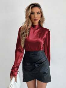 EMERY ROSE Mock Neck Puff Sleeve Satin Blouse - Burgundy - View 6