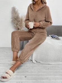 SHEIN LUNE Dây kéo áo có mũ Áo khoác & Quần - Màu Khaki - Xem 4