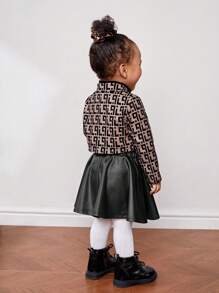 SHEIN Baby Girl Graphic Print Shirt & PU Leather Skirt