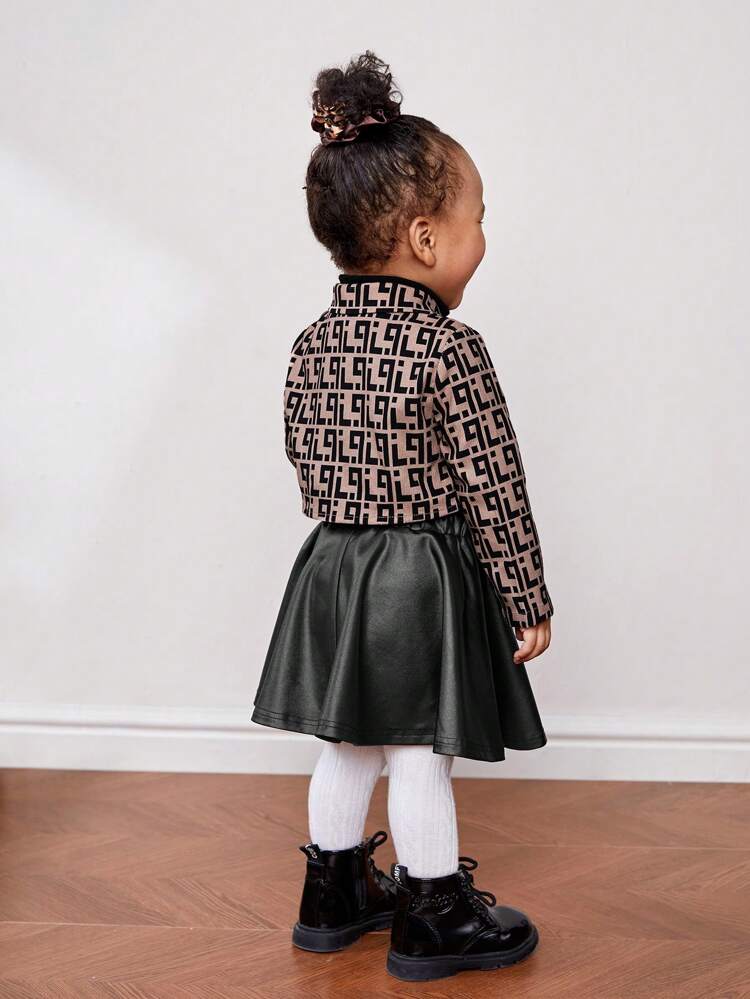 Baby Girl Graphic Print Shirt & PU Leather Skirt