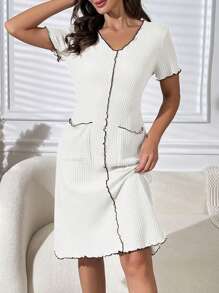 女士們木耳滾邊家居服睡裙洋裝 - 白色 - 查看 5