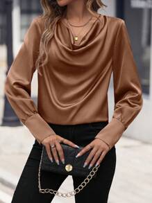 SHEIN Clasi cổ áo xếp nếp Tay áo lồng đèn Xa ten Áo sơ mi - màu nâu - Xem 5