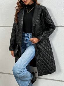 SHEIN LUNE Women's Long Lapel Diamond Quilted Jacket - Black - View 3
