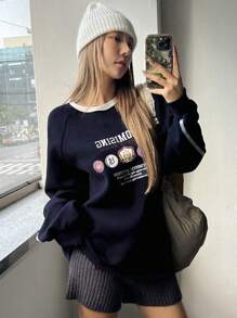 Dazy Star Women's Slogan Print Raglan Sleeve Sweatshirt,Fall Clothes - Navy Blue - View 3