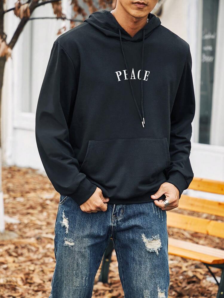 Men Plus Letter Graphic Kangaroo Pocket Drawstring Hoodie