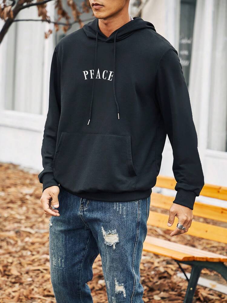 Men Plus Letter Graphic Kangaroo Pocket Drawstring Hoodie