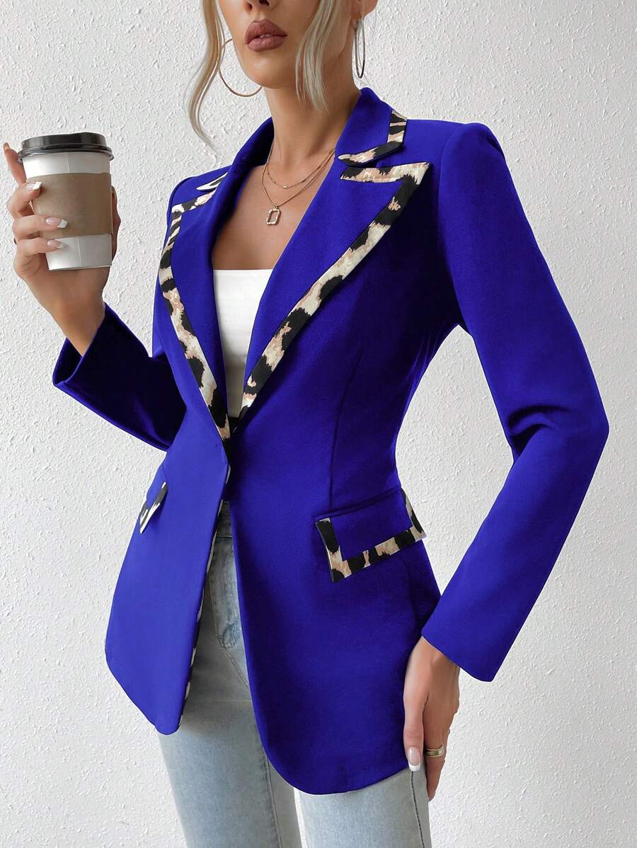 SHEIN Privé Contrast Trimmed Single Button Blazer - Royal Blue - View 1