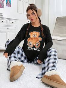 SHEIN EZwear 女士卡通熊與字母印花上衣與格子褲套裝 - 彩色 - 查看 1