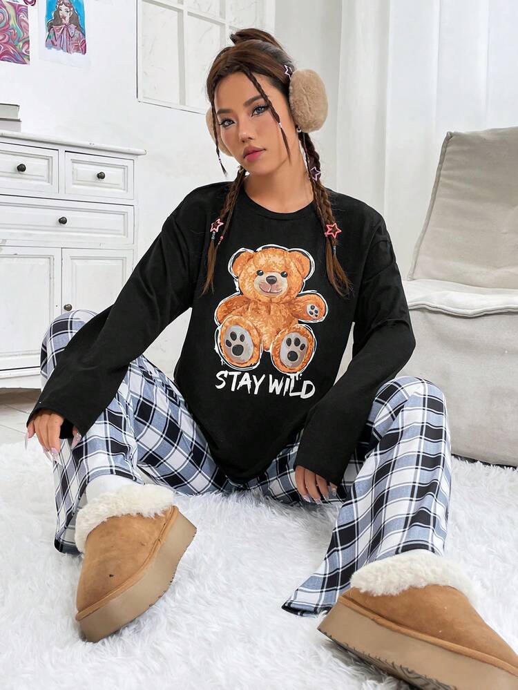 Women's Cartoon Bear & Letter Printed Top And Plaid Pants Set