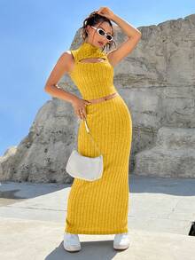 SHEIN EZwear High Neck Cut Out Tank Top & Skirt - Yellow - View 4