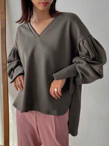 FRIFUL Women's V-Neck Drop Shoulder Sleeve Sweatshirt,Fall Clothes - Grey - View 3