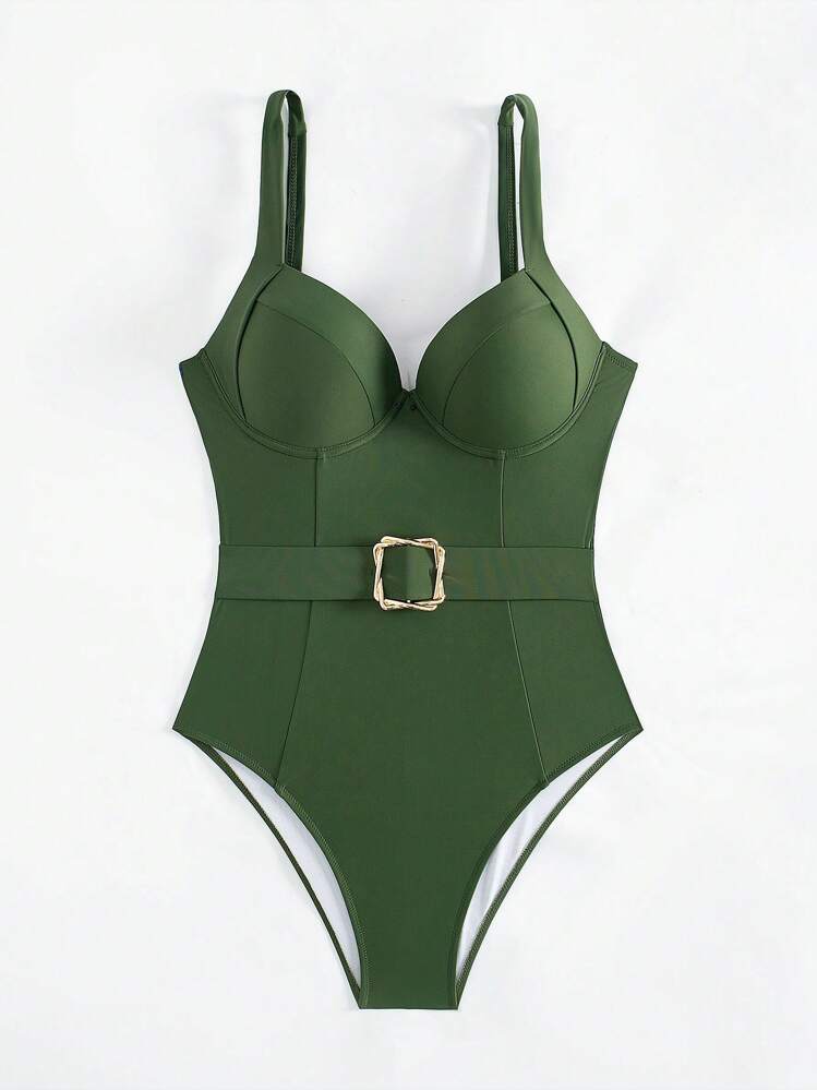 SHEIN Swim Traje De Baño De Una Pieza Sencillo De Color Sólido Para Mujer Con Hebilla En La Cintura - Verde militar - Añade 5