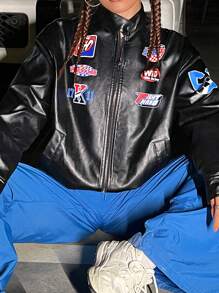 SHEIN Coolane 摩托車風格字母圖案拉鍊pu皮夾克 - 黑色 - 查看 5