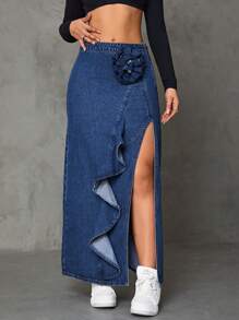 SHEIN ICON 牛仔半身裙帶荷葉邊和花裝飾 - 中等水洗藍 - 查看 5