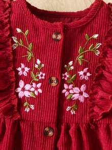 SHEIN Cô Gái Trẻ Thêu hoa Viền Ruffle tay áo lá sen Vải to sợi Đầm - Màu Đỏ Sâu - Xem 3