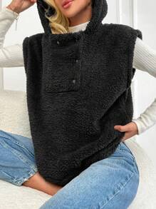 EURMUSE Half Button Teddy Hoodie Without Tee - Black - View 5