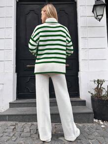 SHEIN Cottnline Jersey con patrón de rayas de hombros caídos con pantalones tejidos - Multicolor - Ver 2