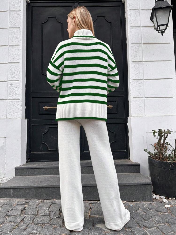 RueChic Striped Pattern Drop Shoulder Sweater & Knit Pants - Multicolor - View 2
