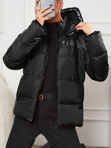 RueChic Letter Graphic Contrast Tape Drawstring Hooded Puffer Coat - Black - View 4