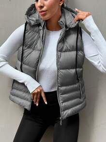 EURMUSE Zip Up Drawstring Hooded Puffer Vest Coat Winter - Light Grey - View 1