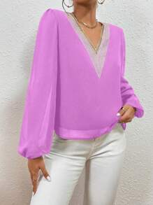 SHEIN Clasi Chèn ren Guipure Tay áo lồng đèn Áo sơ mi - Màu tím  Violet - Xem 4