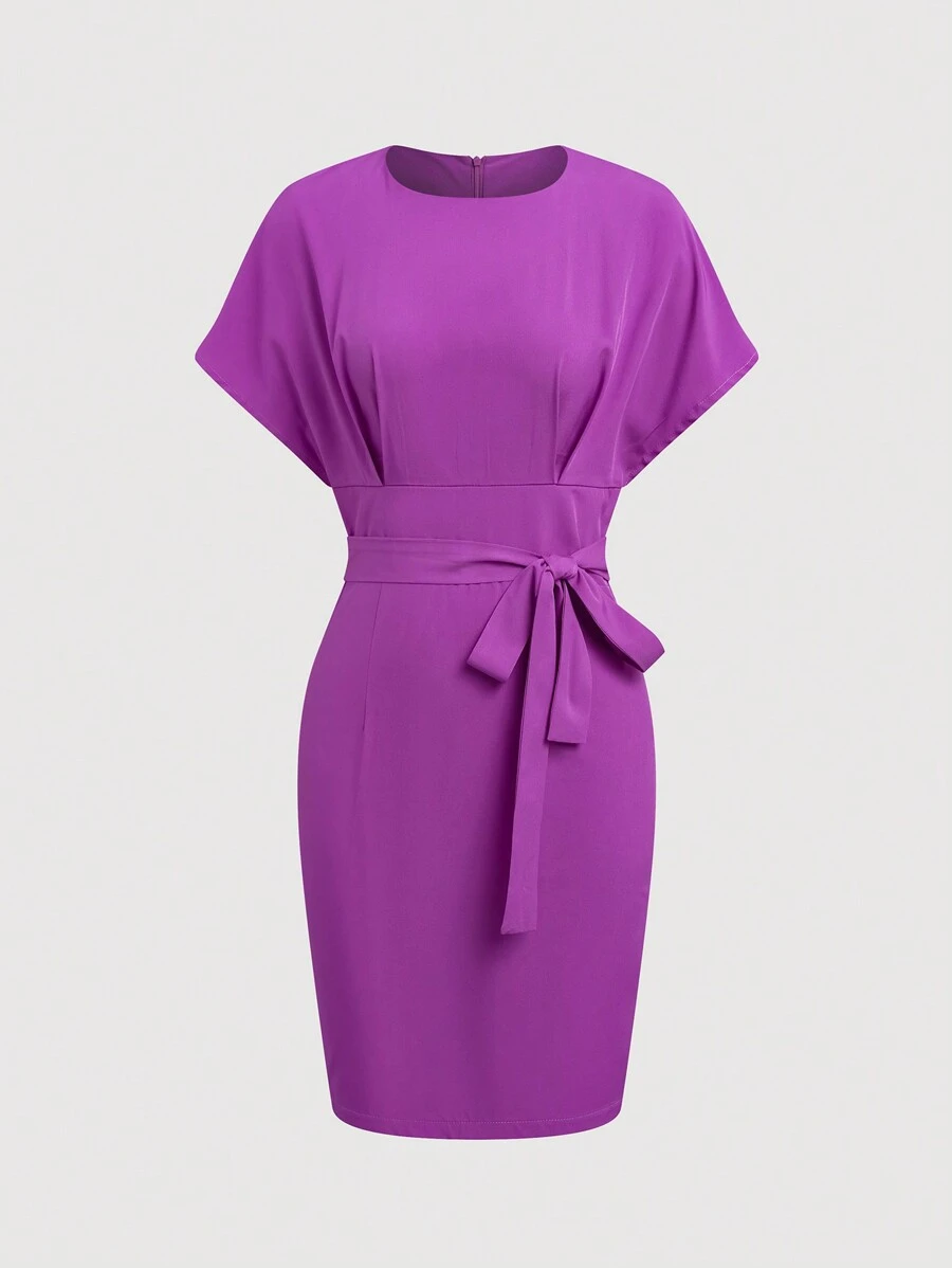SHEIN LUNE Solid Batwing Sleeve Belted Dress - Purple - View 1