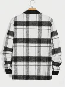 Manfinity Hypemode Men's Loose Fit Plaid Print Shacket Without Hoodie With Patch Pockets - Black and White - View 2