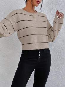 Chiquease Striped Pattern Drop Shoulder Sweater,Long Sleeve Tops Knit Pullover Fall Winter Outfit