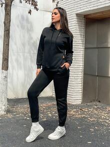 SHEIN Essnce Của phụ nữ Dây rút áo có mũ Bộ áo thun & Quần Với Viền chia cắt - màu đen - Xem 5