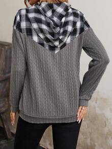 EMERY ROSE Plaid Print Drawstring Hooded Sweatshirt - Dark Grey - View 3