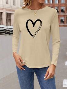 SHEIN LUNE Heart Shaped Print T-shirt - Khaki - View 4