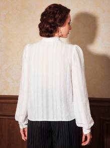 Vintamour Tie Neck Lantern Sleeve Blouse - White - View 8