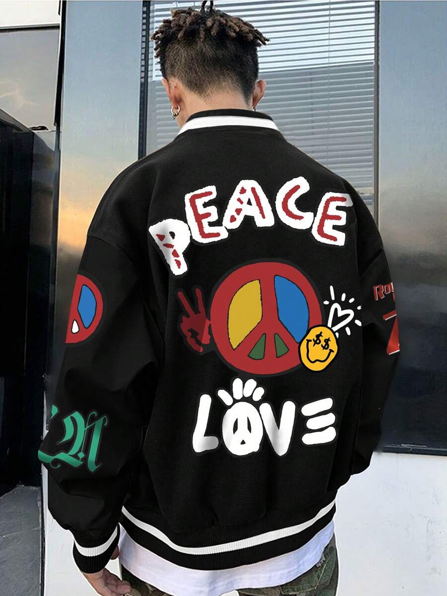 Manfinity LEGND Chaqueta Holgada Con Impresión De Texto Y Dibujos Animados Para Hombres - Negro - Ver 1