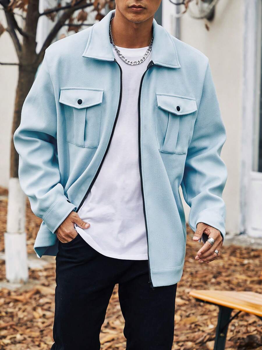 Manfinity Homme Nam Plus Túi có nắp Dây kéo Áo khoác - Màu Xám nhạt - Xem 1