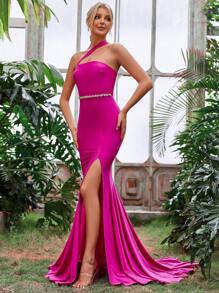 Asymmetrical Neck High Slit Thigh Length Sequined Detail Mermaid Formal Dress - Hot Pink - View 6