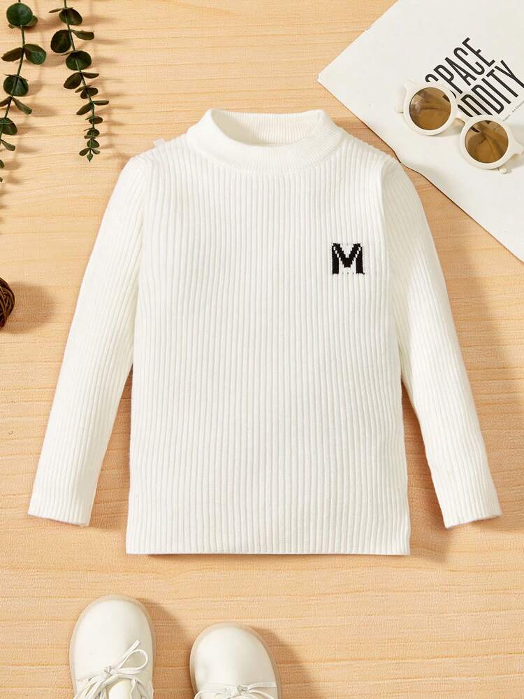 Baby Boy Letter Pattern Mock Neck Ribbed Knit Sweater