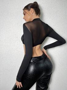 VaVaBold Atasan Wanita Kontras Mesh Memotong Sheer Plain Seksi - Hitam - View 2