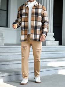 Manfinity VCAY Men Plus Plaid Print Drop Shoulder Overcoat, For Fall Winter - Multicolor - View 4